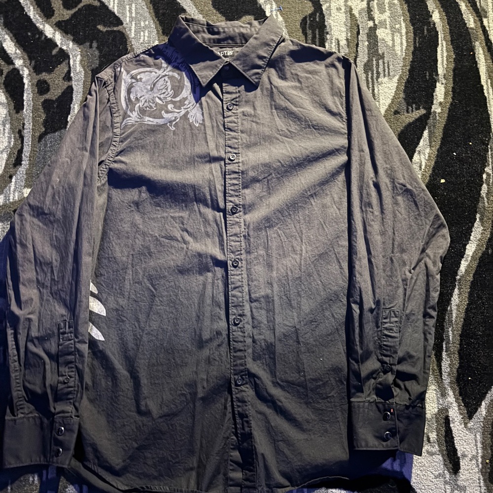 Apt. 9 Black Button-Up Shirt with White Shoulder Graphic